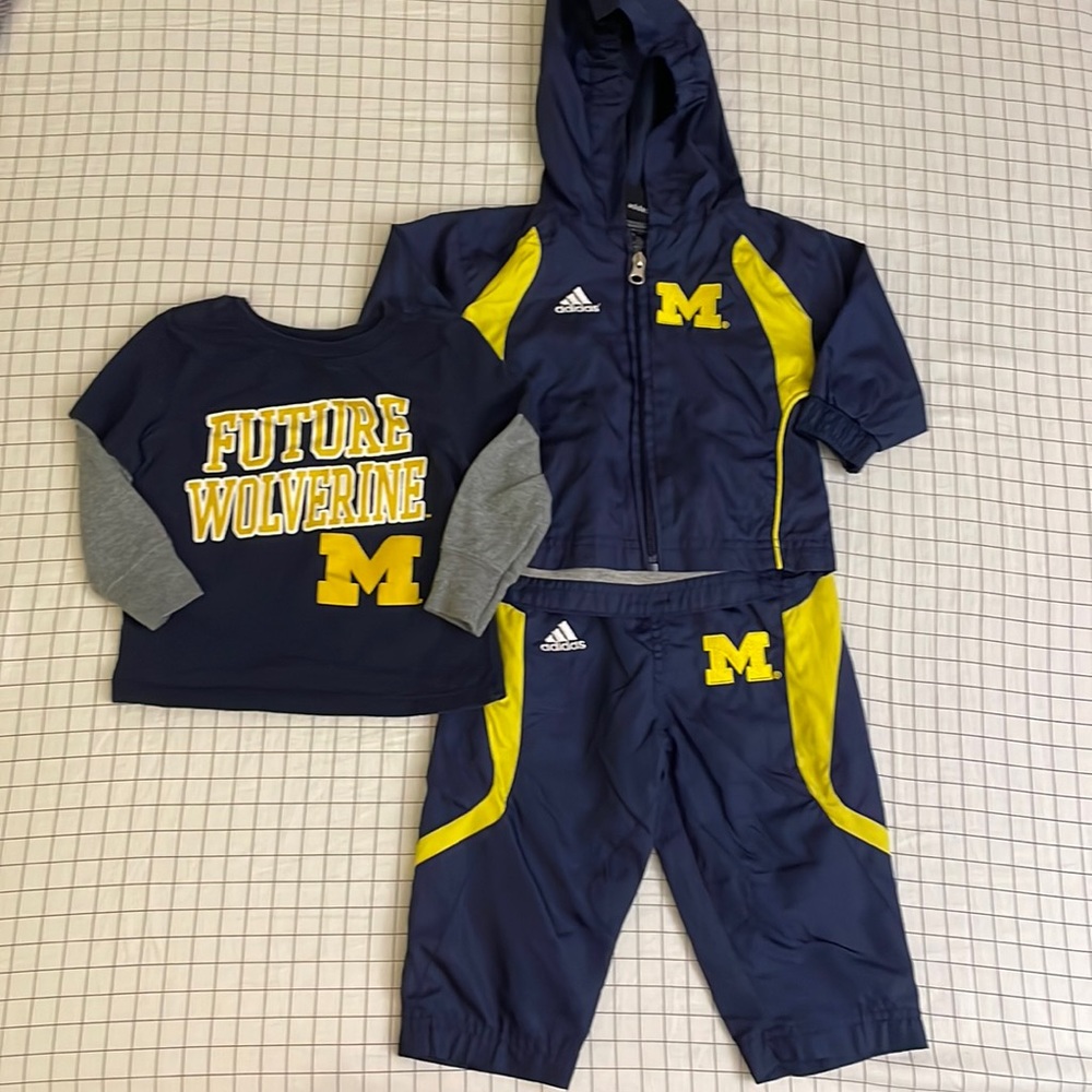 3pc University of Michigan matching athletic warm up set and shirt 12 Month